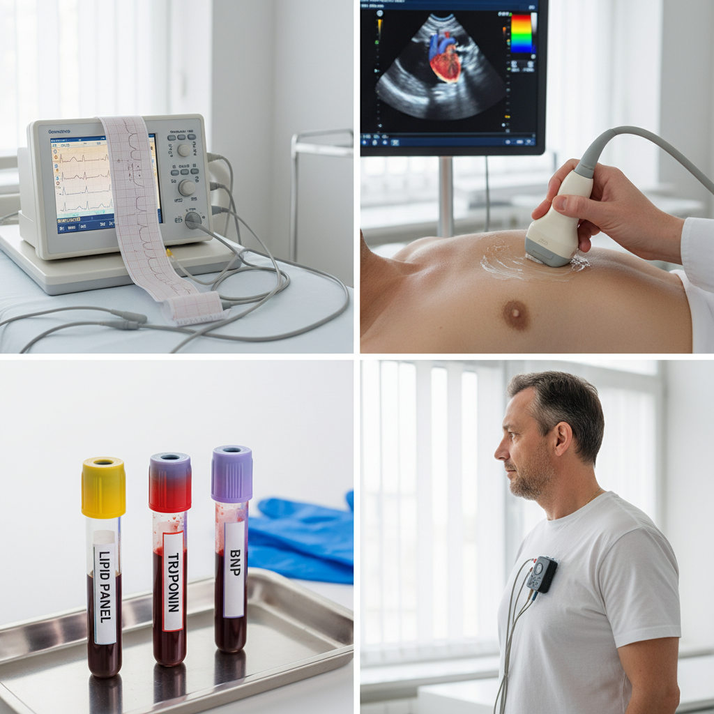 Minh họa các xét nghiệm tim mạch cơ bản: điện tim, siêu âm tim, xét nghiệm máu, Holter.