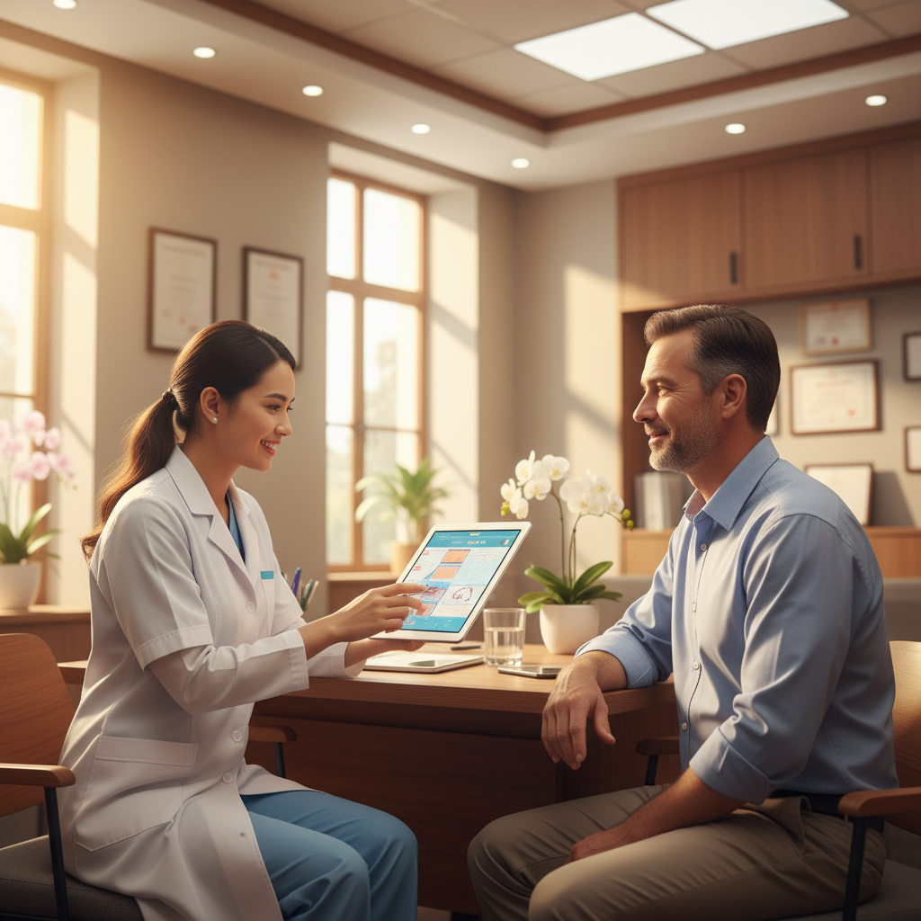 Bác sĩ tim mạch trao đổi kết quả ECG với phụ huynh và bệnh nhân thanh thiếu niên trong phòng khám hiện đại