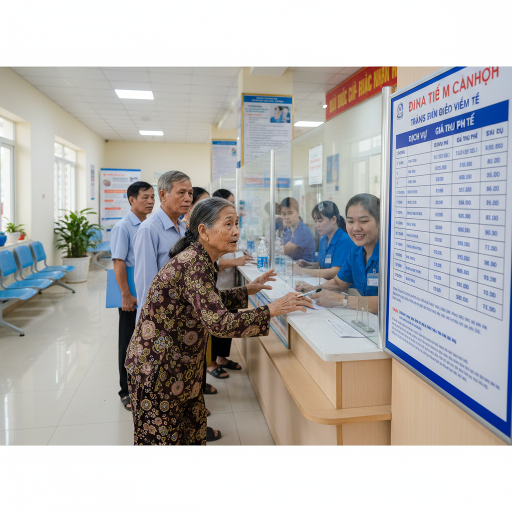 Quầy thu viện phí ở bệnh viện công với bảng giá, nhân viên y tế đang giải thích chi phí cho người cao tuổi