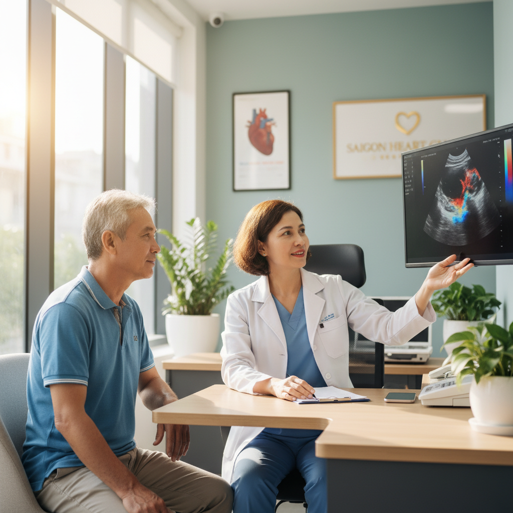 Bệnh nhân trao đổi với bác sĩ tim mạch, bác sĩ chỉ vào hình siêu âm tim trên màn hình