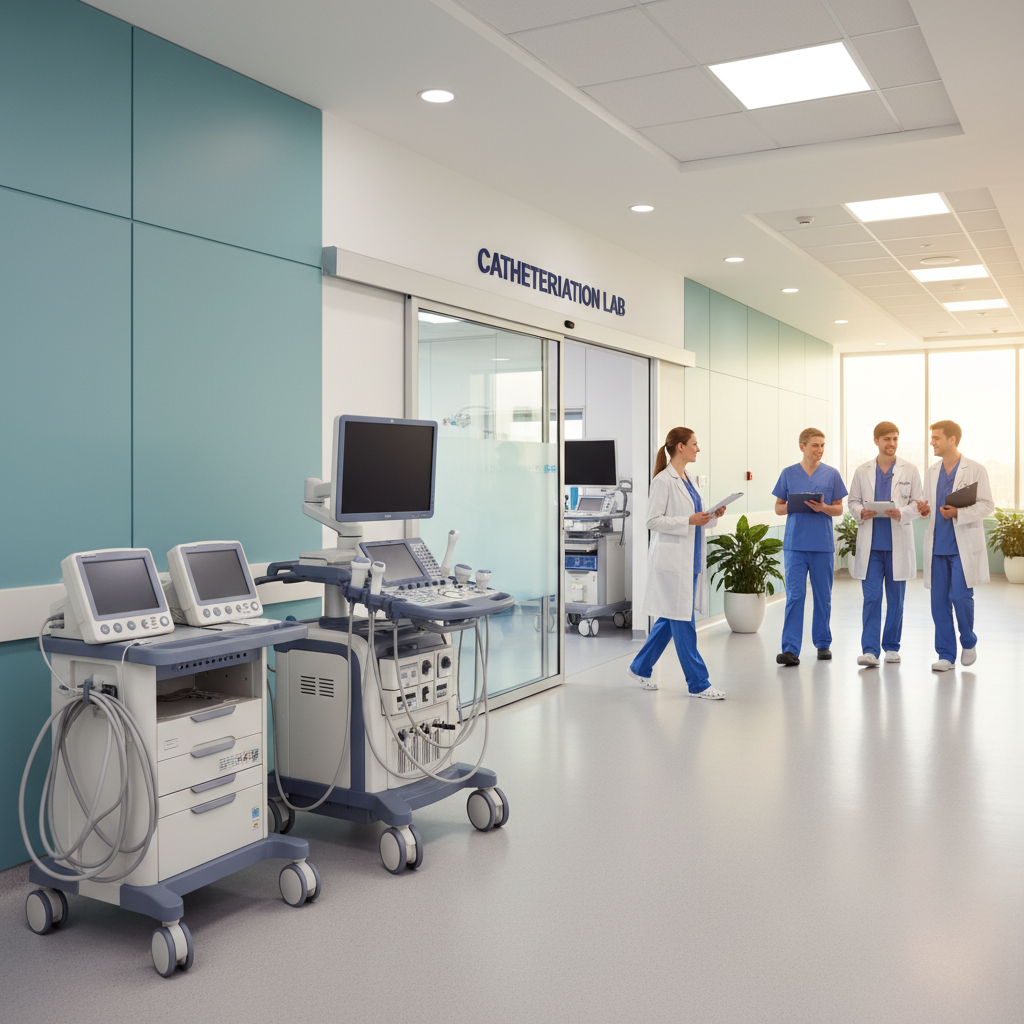 Phòng tim mạch hiện đại với máy siêu âm tim và cửa phòng can thiệp (Cath Lab)
