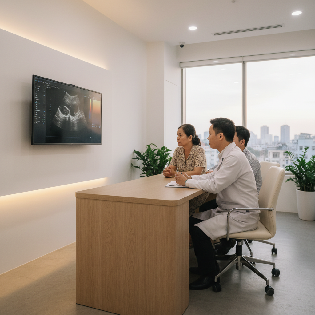 Bác sĩ tim mạch thăm khám cho bệnh nhân tại phòng khám ở TP.HCM, màn hình hiển thị kết quả siêu âm tim