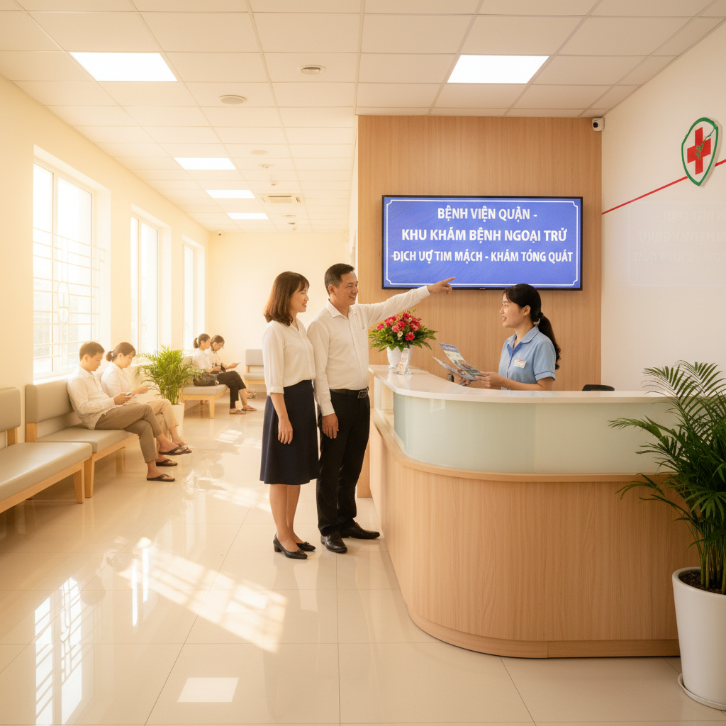 Quầy tiếp nhận tại bệnh viện huyện, người dân hỏi về gói khám tim mạch