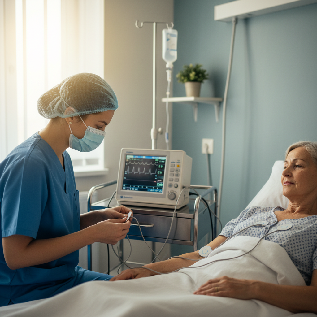 Y tá đang thực hiện điện tâm đồ (ECG) cho bệnh nhân tại bệnh viện nhỏ