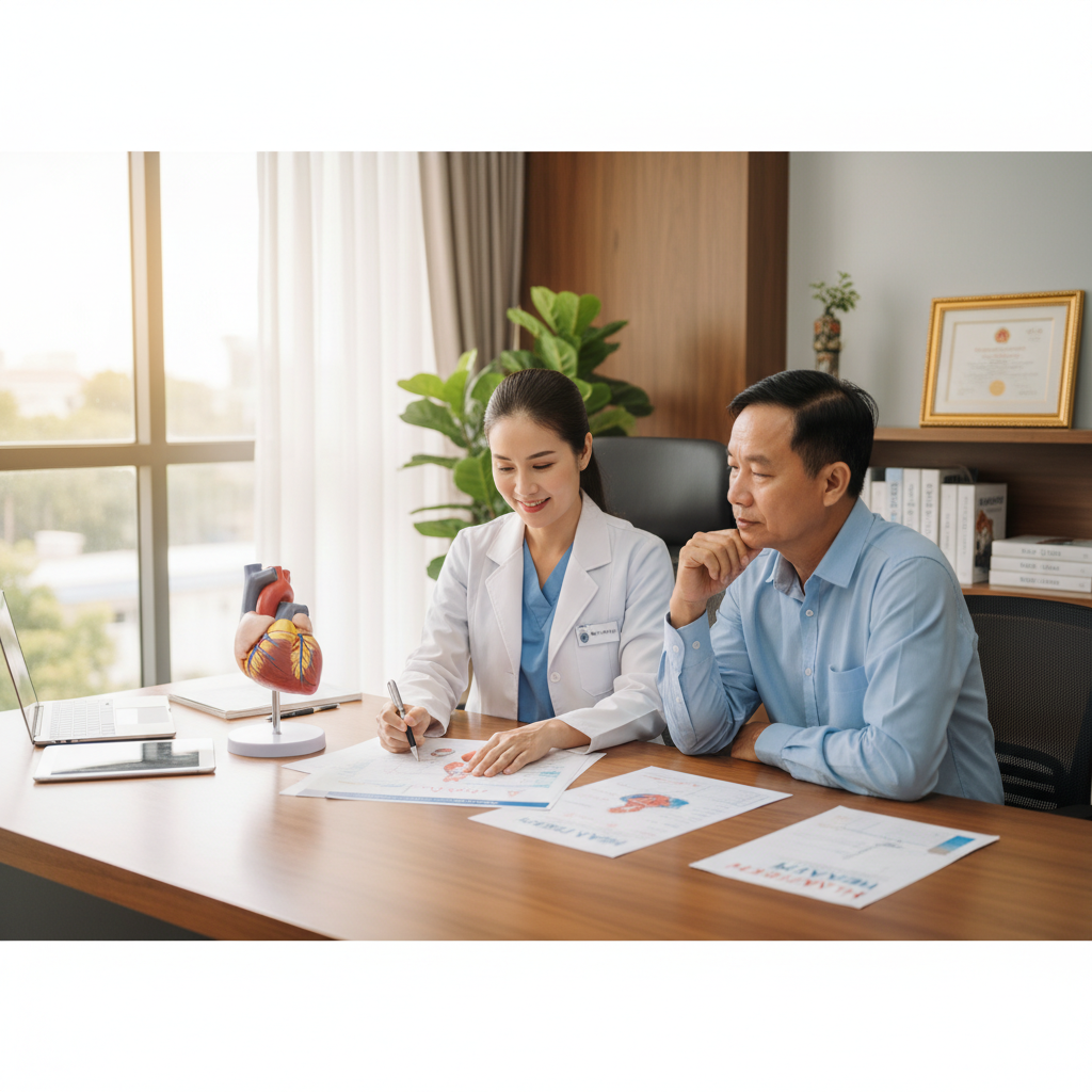 Bác sĩ tim mạch tư vấn cho bệnh nhân trung niên về nguy cơ bệnh mạch vành Bác sĩ tim mạch tư vấn cho bệnh nhân trung niên về nguy cơ bệnh mạch vành