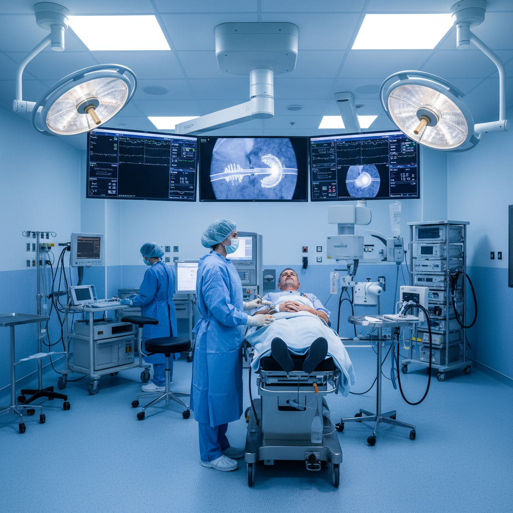 Phòng can thiệp tim mạch: bác sĩ đang đặt stent dưới màn hình chụp X-quang