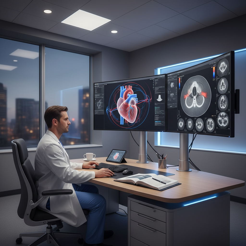 Chẩn đoán hình ảnh tim mạch: bác sĩ theo dõi siêu âm tim 3D và CT mạch vành