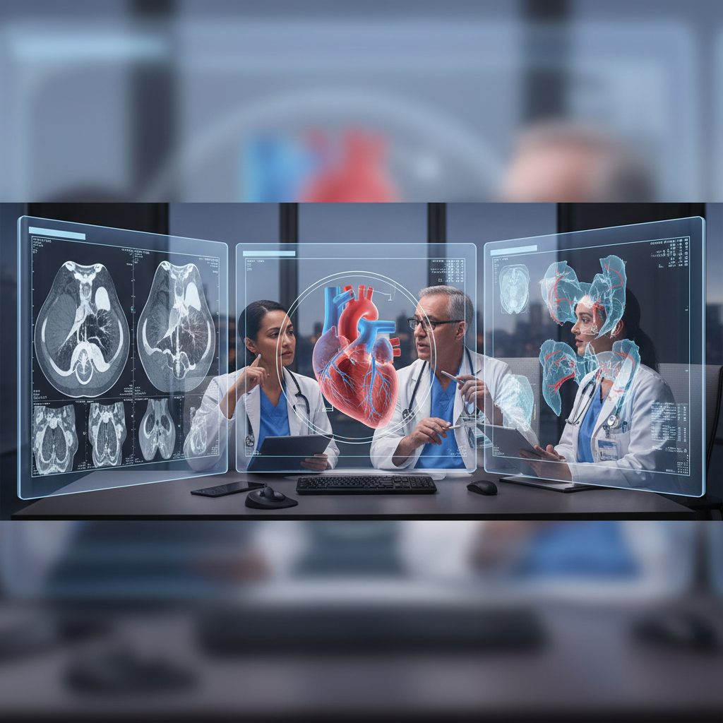 Bác sĩ phân tích hình ảnh siêu âm tim 3D và CT tim trên màn hình lớn