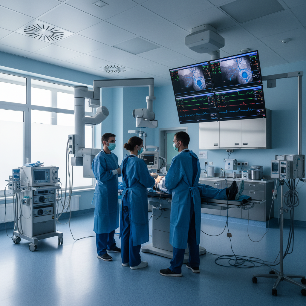 Phòng can thiệp tim mạch hiện đại (Cath lab) với bác sĩ đang thực hiện can thiệp qua ống thông