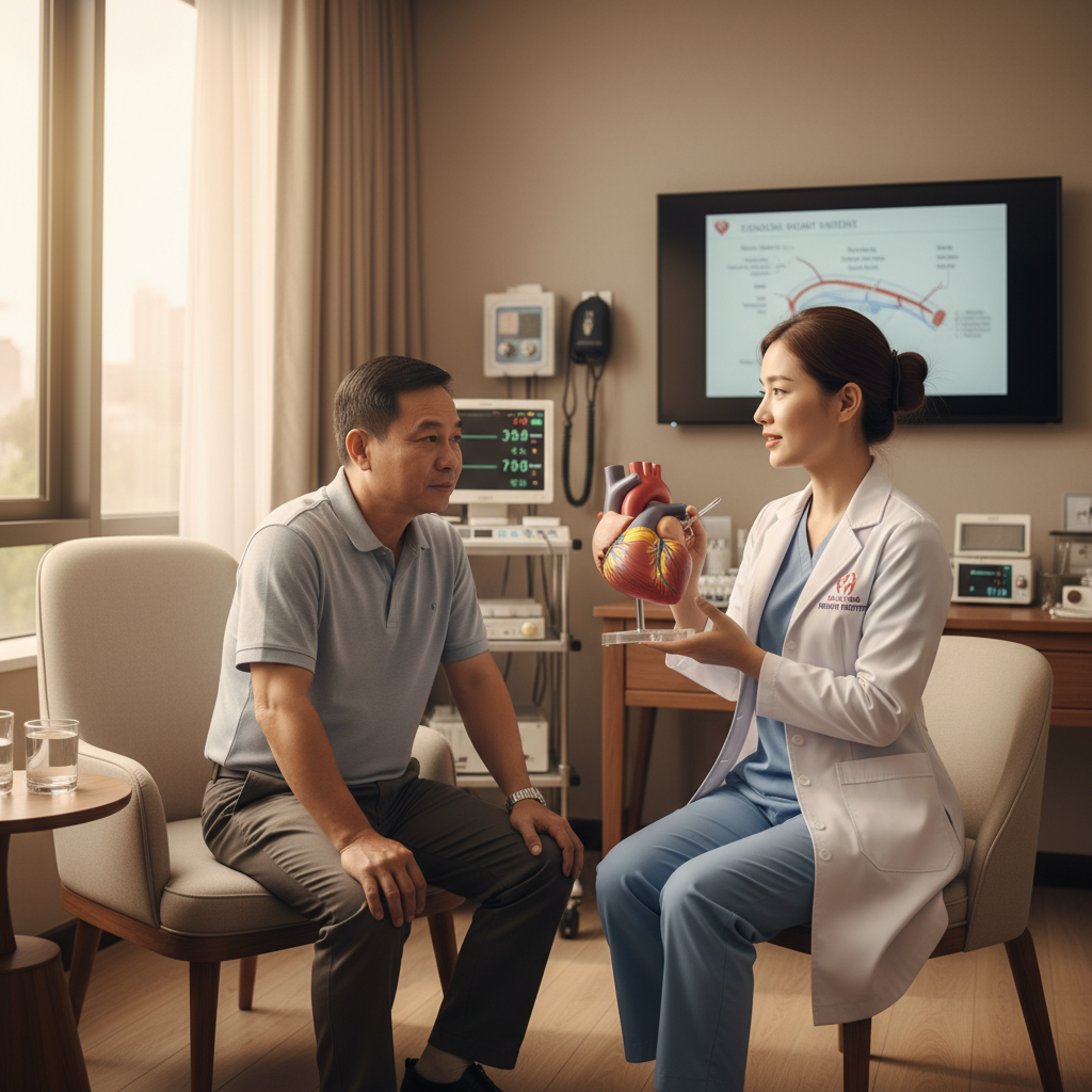 Bác sĩ tim mạch giải thích thủ thuật đặt stent cho bệnh nhân tại phòng khám chuyên khoa