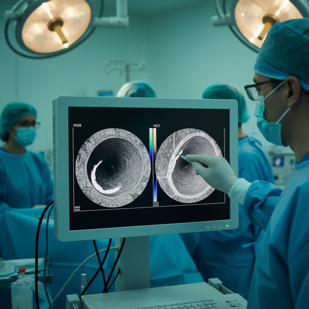 Màn hình IVUS/OCT hiển thị hình ảnh lòng mạch, giúp chọn stent chính xác