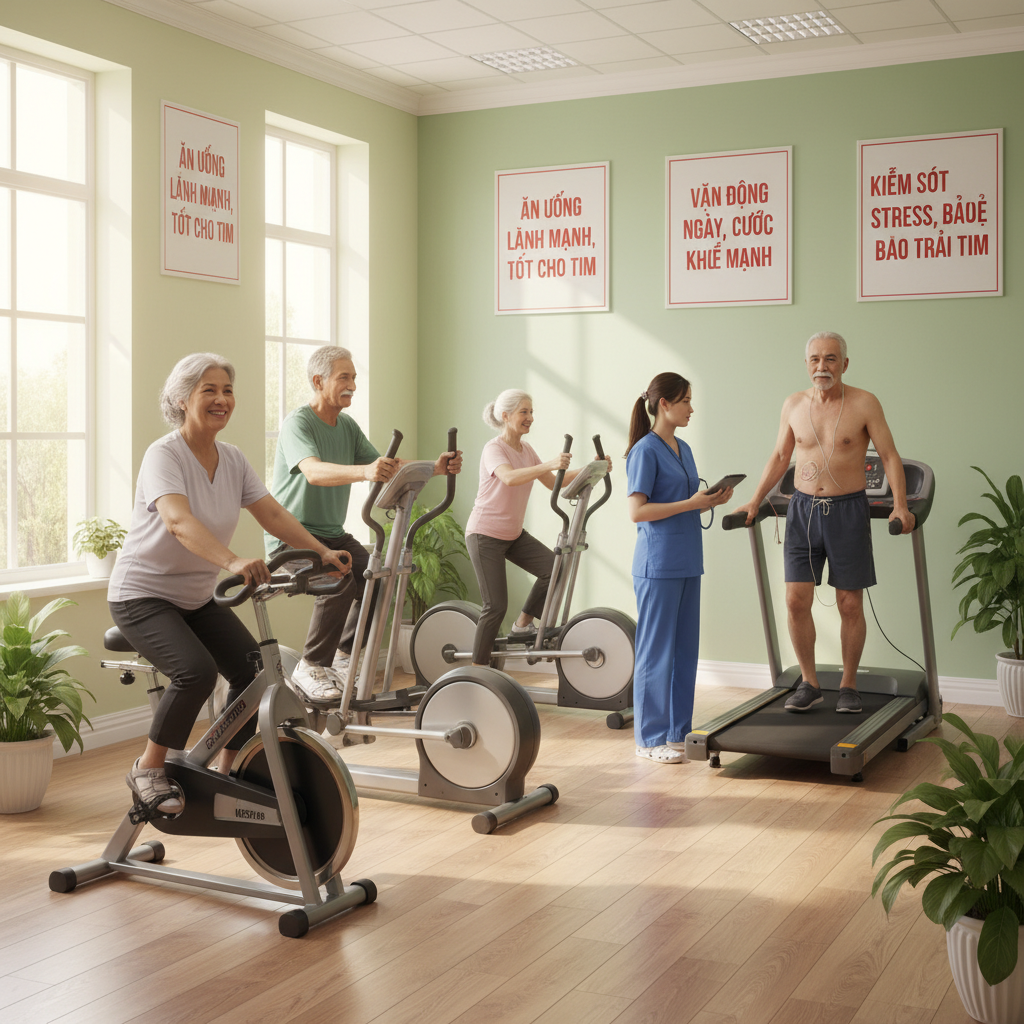 Buổi phục hồi tim mạch với hướng dẫn tập luyện và theo dõi tại phòng khám