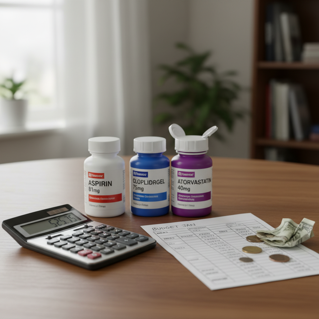 Các loại thuốc tim mạch thường dùng đặt trên bàn cùng máy tính bỏ túi để ước tính chi phí