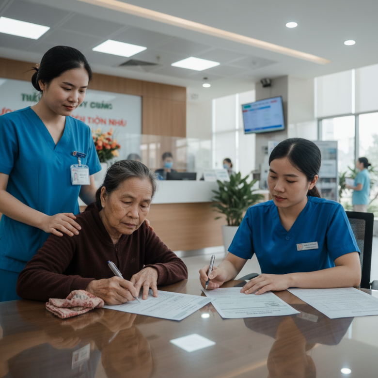 Bệnh nhân ký giấy đồng ý điều trị và kiểm tra hồ sơ bảo hiểm y tế