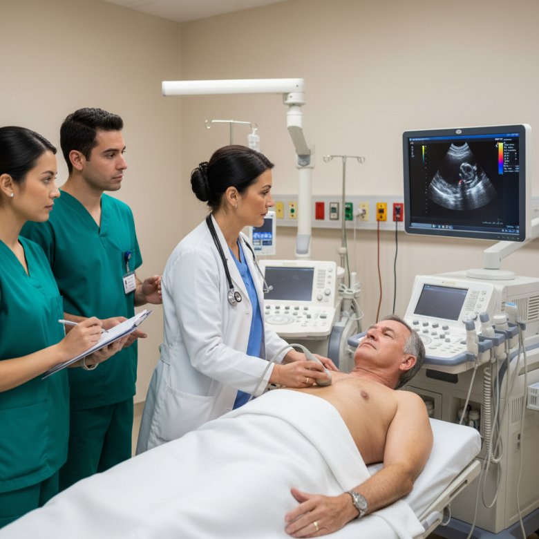 Bác sĩ siêu âm tim đang thực hiện siêu âm cho bệnh nhân, hình ảnh tim trên màn hình siêu âm