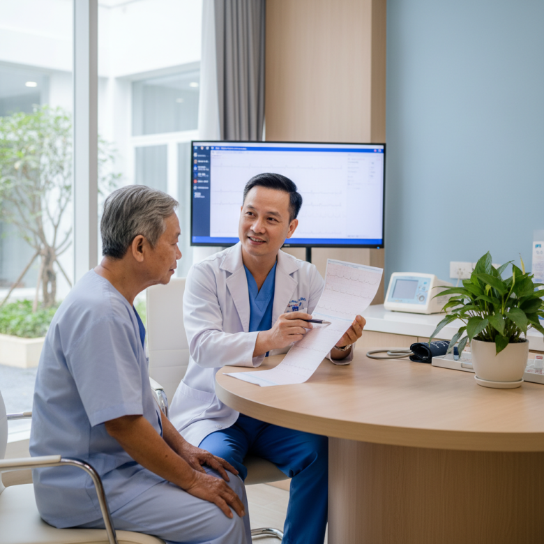 Bác sĩ tim mạch tư vấn cho bệnh nhân cao huyết áp, chỉ trên kết quả ECG.