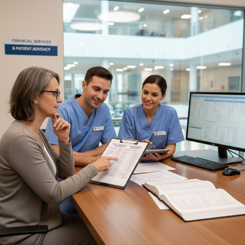 Bệnh nhân trao đổi bảng giá khám chữa bệnh với nhân viên bệnh viện để lên kế hoạch chi phí.