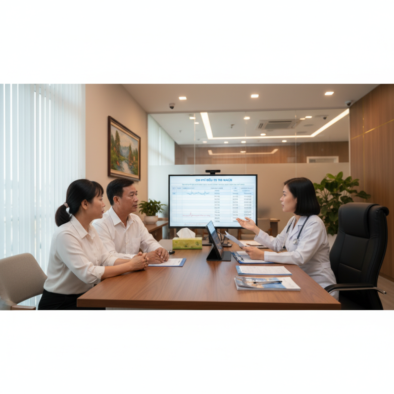 Bác sĩ tim mạch tư vấn chi phí đặt stent cho bệnh nhân và người nhà ở phòng khám