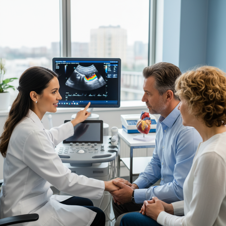 Bác sĩ tim mạch giải thích kết quả siêu âm tim cho bệnh nhân