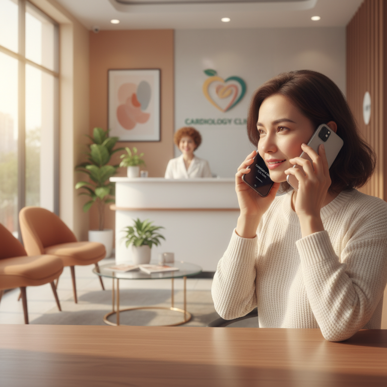 Người phụ nữ gọi điện đặt lịch khám tim mạch tại phòng khám, tiếp tân thân thiện