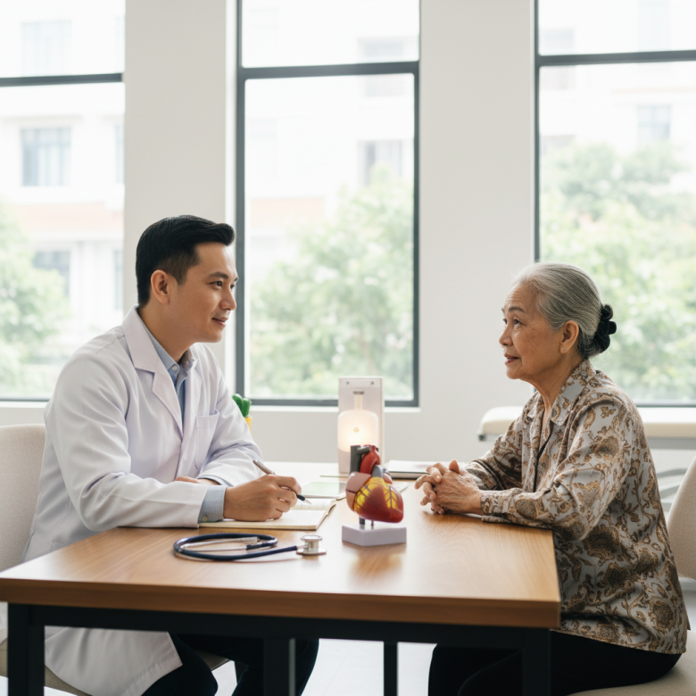 Bác sĩ tim mạch đang ân cần lắng nghe và tư vấn cho bệnh nhân lớn tuổi trong phòng khám hiện đại, thể hiện sự thấu cảm và chuyên nghiệp.