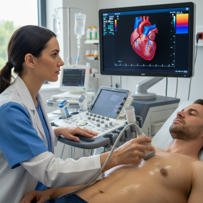 Hình ảnh mô phỏng quy trình siêu âm tim màu hiện đại, bác sĩ đang thao tác máy siêu âm để kiểm tra sức khỏe tim mạch cho người bệnh.