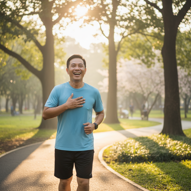 Một người đàn ông trung niên khỏe mạnh và vui vẻ đang chạy bộ nhẹ nhàng trong công viên, biểu tượng cho trái tim khỏe mạnh sau khi được điều trị tốt.