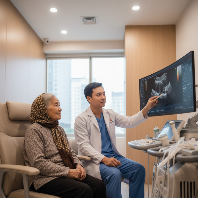 Bác sĩ tim mạch trao đổi với bệnh nhân chạy thận, hiển thị kết quả siêu âm tim trên màn hình