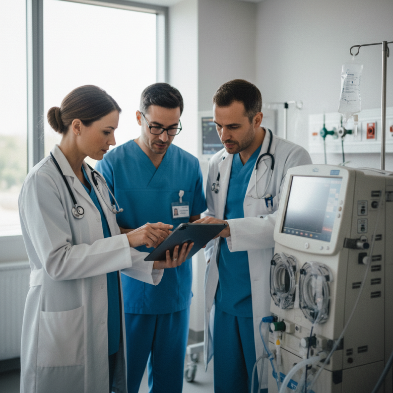 Đội ngũ y bác sĩ tim mạch và thận hội chẩn cạnh máy chạy thận