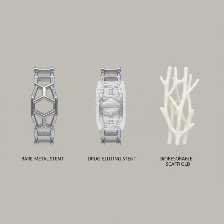Minh họa ba loại stent: kim loại trần, phủ thuốc và tự tiêu.