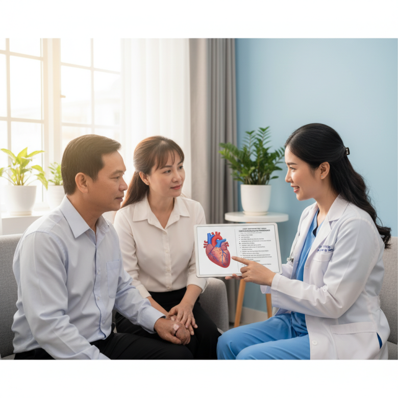 Bác sĩ giải thích cho bệnh nhân về thủ thuật đặt stent và dự toán chi phí.