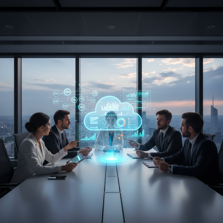 Professionals interacting with a holographic cloud interface