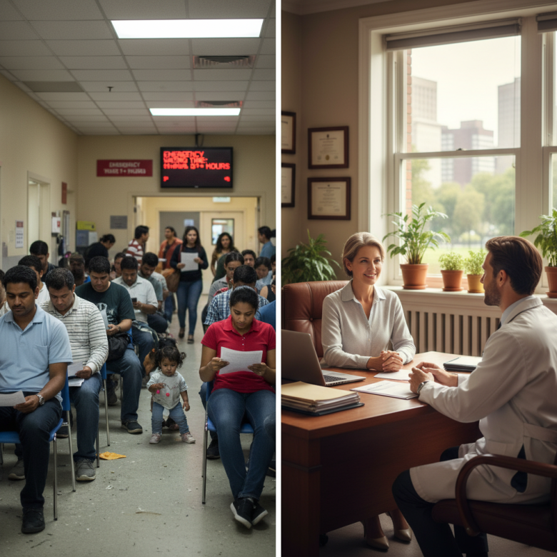 So sánh không gian bệnh viện công đông đúc và phòng khám tư tư nhân, minh họa sự khác biệt dịch vụ