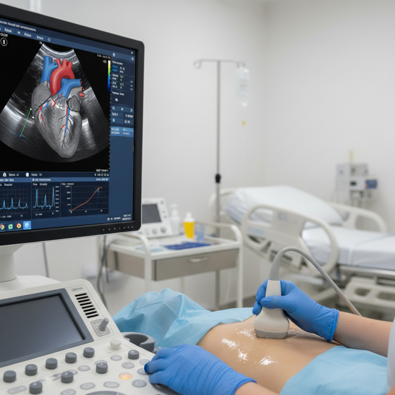 Bác sĩ/ kỹ thuật viên thực hiện siêu âm tim, màn hình hiển thị hình ảnh tim (ảnh minh họa)