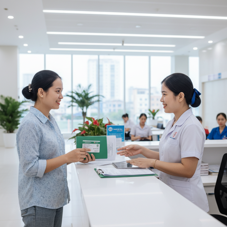 Bệnh nhân trao thẻ BHYT và hồ sơ y tế tại quầy tiếp nhận bệnh viện