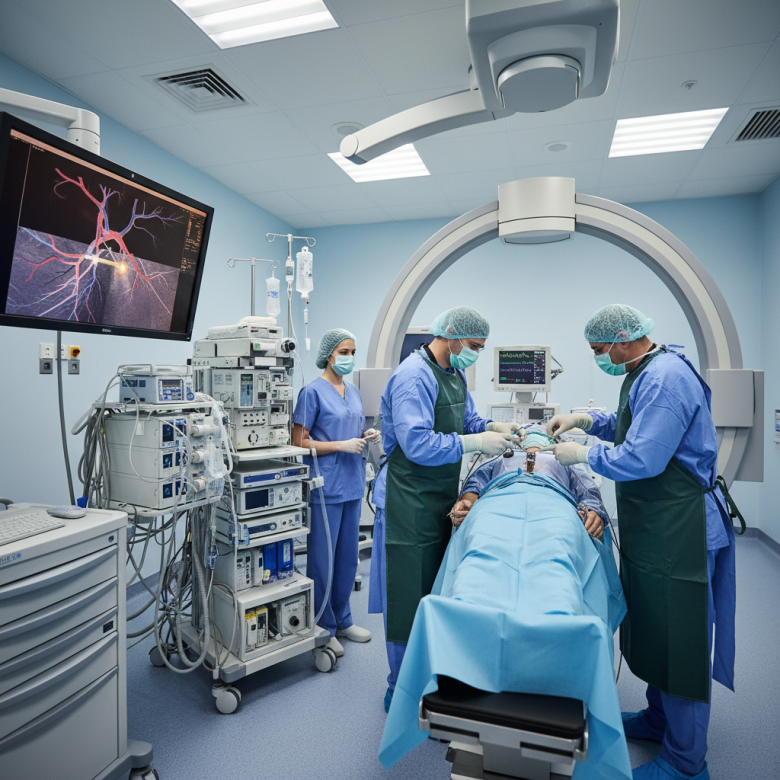 Phòng can thiệp tim mạch (cath lab) với bác sĩ đang thực hiện đặt stent mạch vành, màn hình chụp mạch hiển thị hình ảnh.