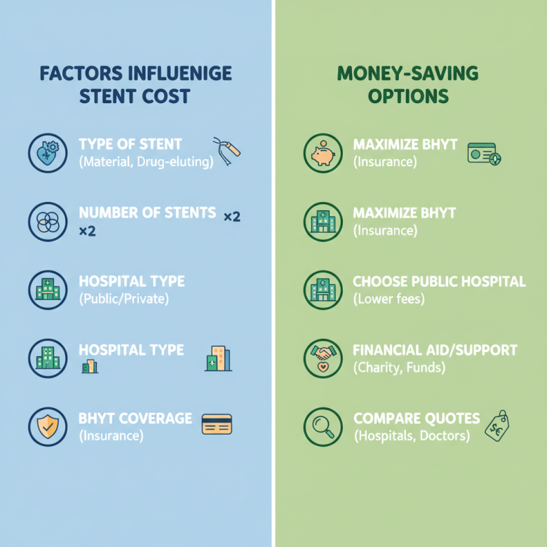 Infographic liệt kê các yếu tố ảnh hưởng chi phí đặt stent và các phương án giảm chi phí như BHYT, lựa chọn bệnh viện công, hỗ trợ tài chính.