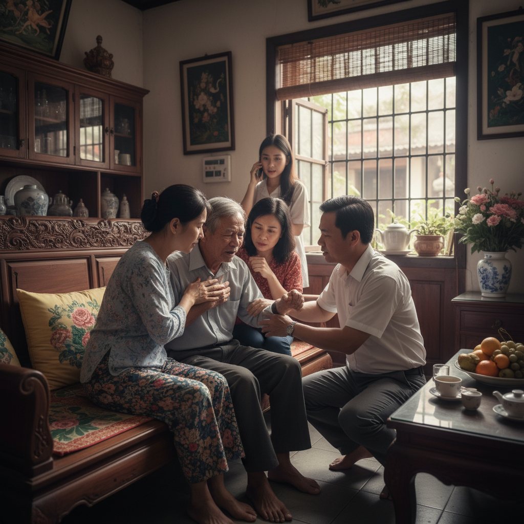 Gia đình Việt Nam hỗ trợ người lớn tuổi bị đau ngực do bệnh tim mạch