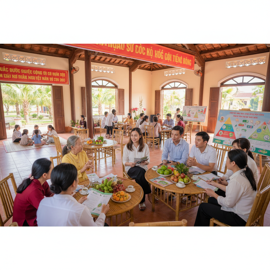 Một nhóm người đa dạng kiểm tra sức khỏe tại trung tâm cộng đồng ở Việt Nam.
