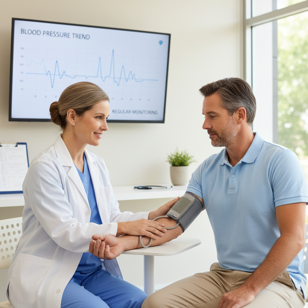Hình ảnh minh họa kiểm tra sức khỏe định kỳ để theo dõi huyết áp, với bác sĩ và bệnh nhân trong môi trường phòng khám.