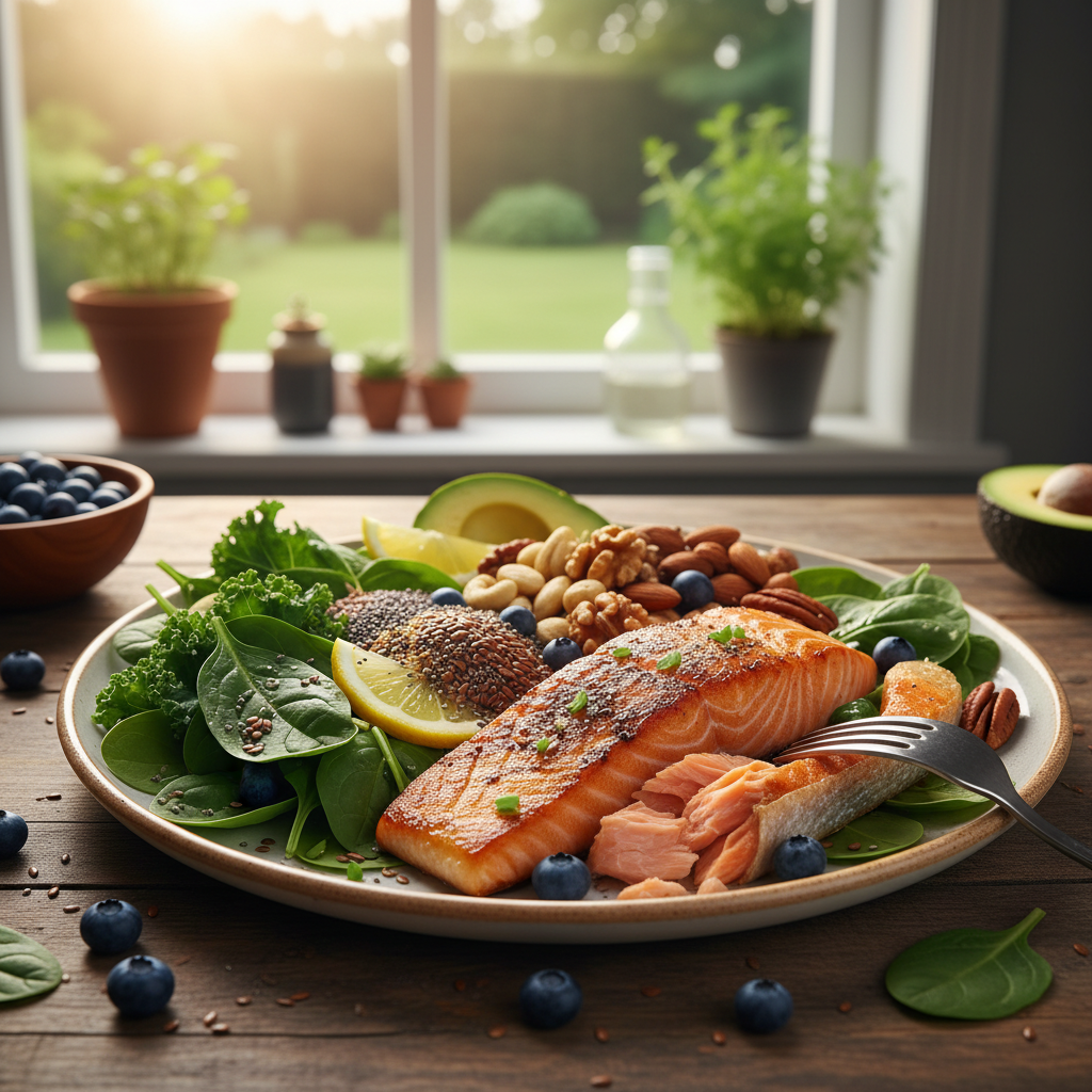 Một đĩa thức ăn lành mạnh giàu axit béo omega-3 như cá hồi, hạt và rau lá xanh.