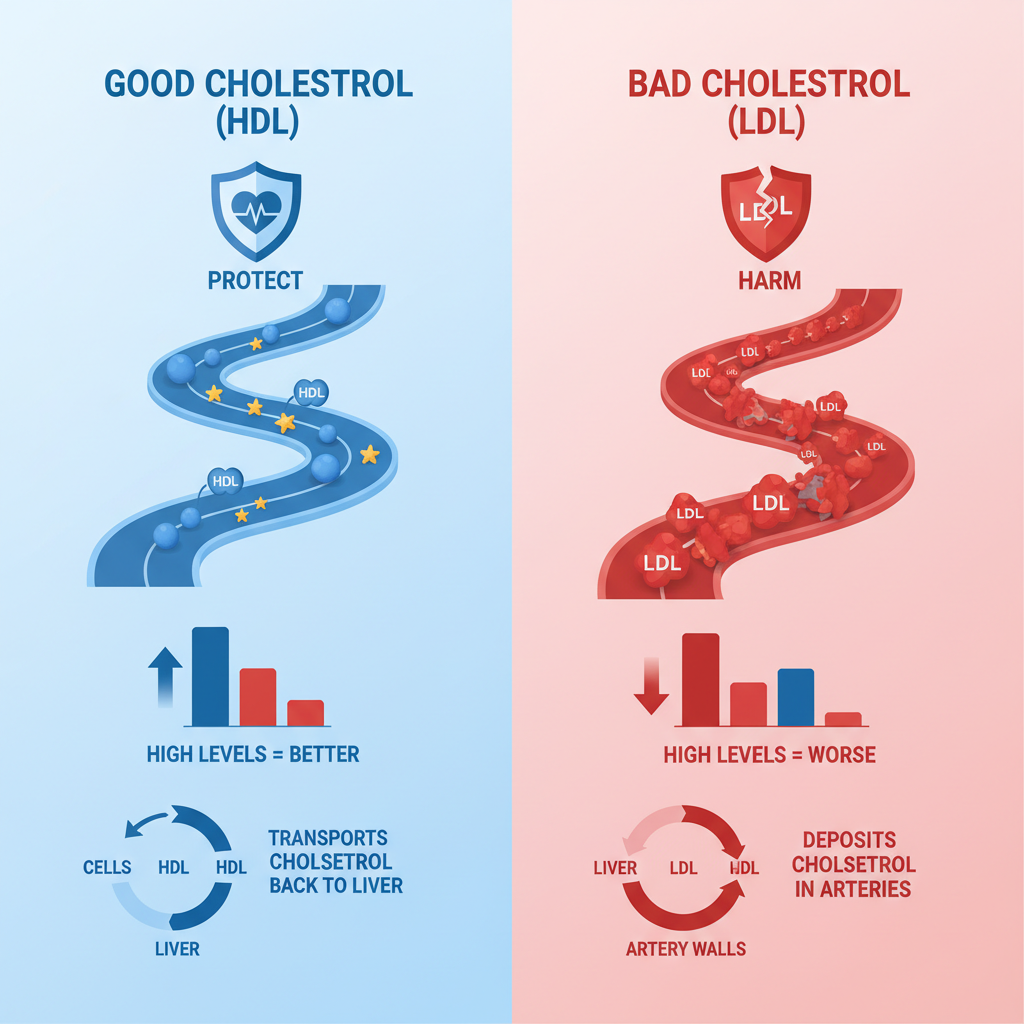  hình minh họa về sự khác biệt giữa cholesterol tốt và xấu với biểu đồ.