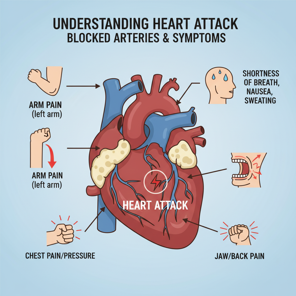 Minh họa cấu trúc tim với các mạch bị tắc, và các triệu chứng nhồi máu cơ tim.