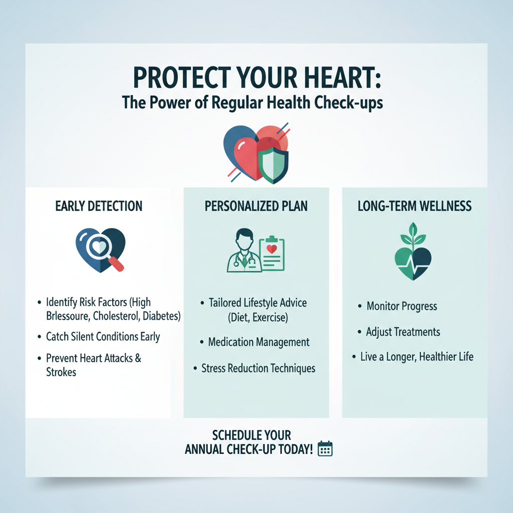 Hình ảnh infographic về tầm quan trọng của kiểm tra sức khỏe tim mạch định kỳ.