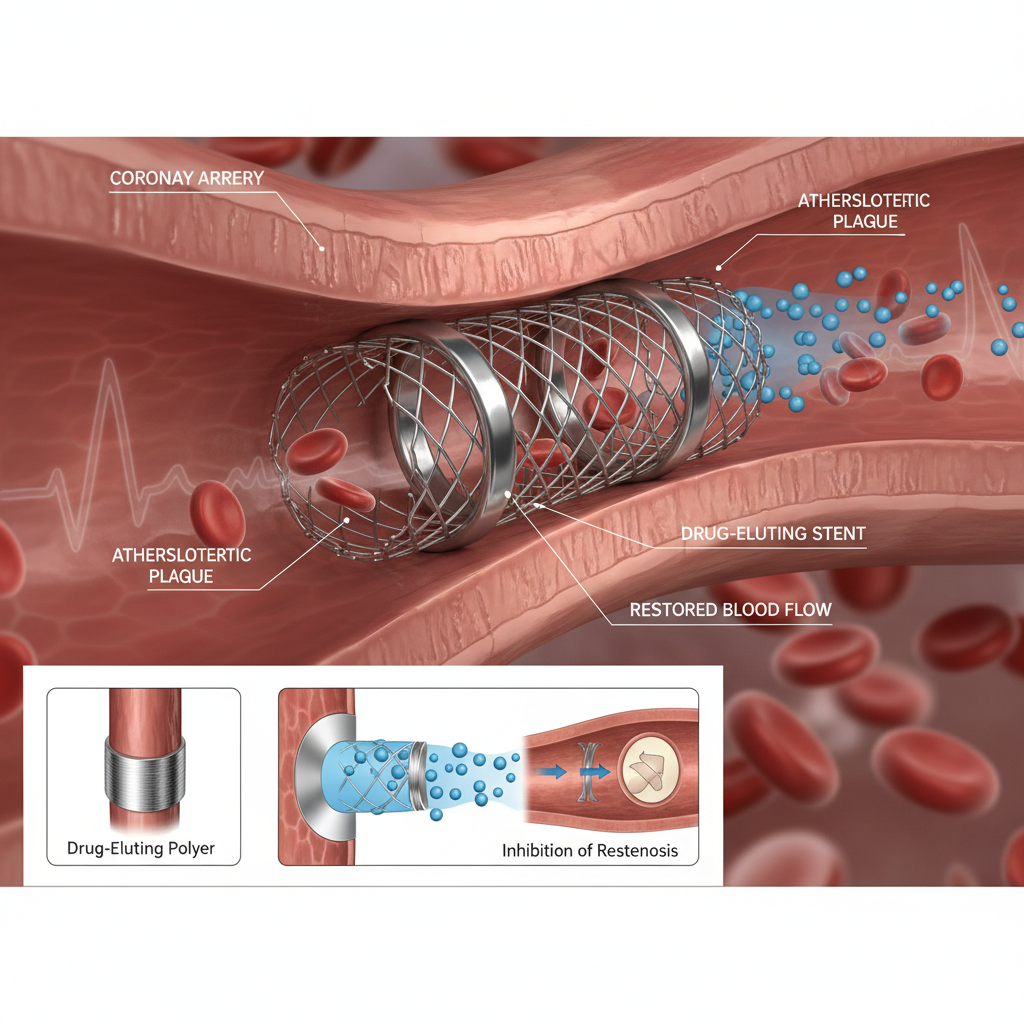 Hình ảnh mô phỏng stent phủ thuốc trong động mạch vành.