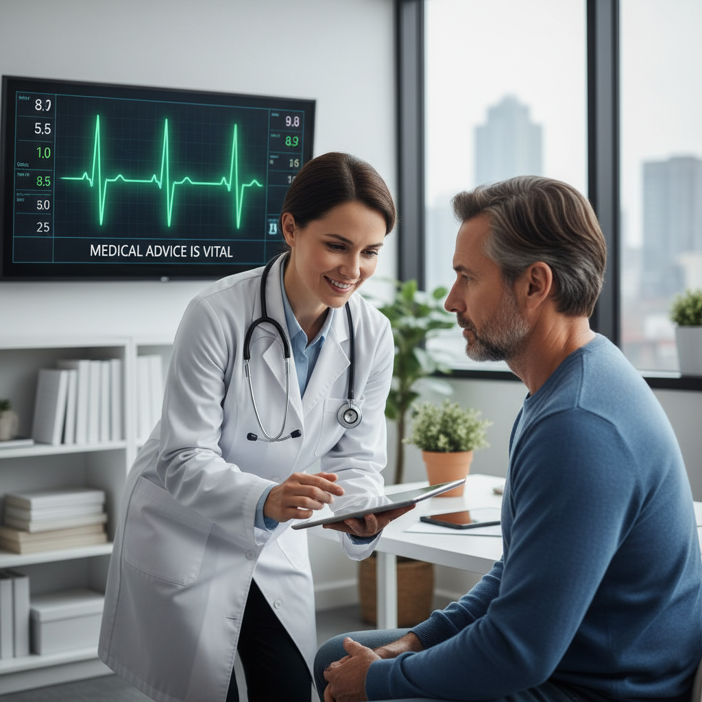 Một bác sĩ tư vấn cho bệnh nhân với máy đo nhịp tim phía sau, nhấn mạnh tầm quan trọng của lời khuyên y tế.
