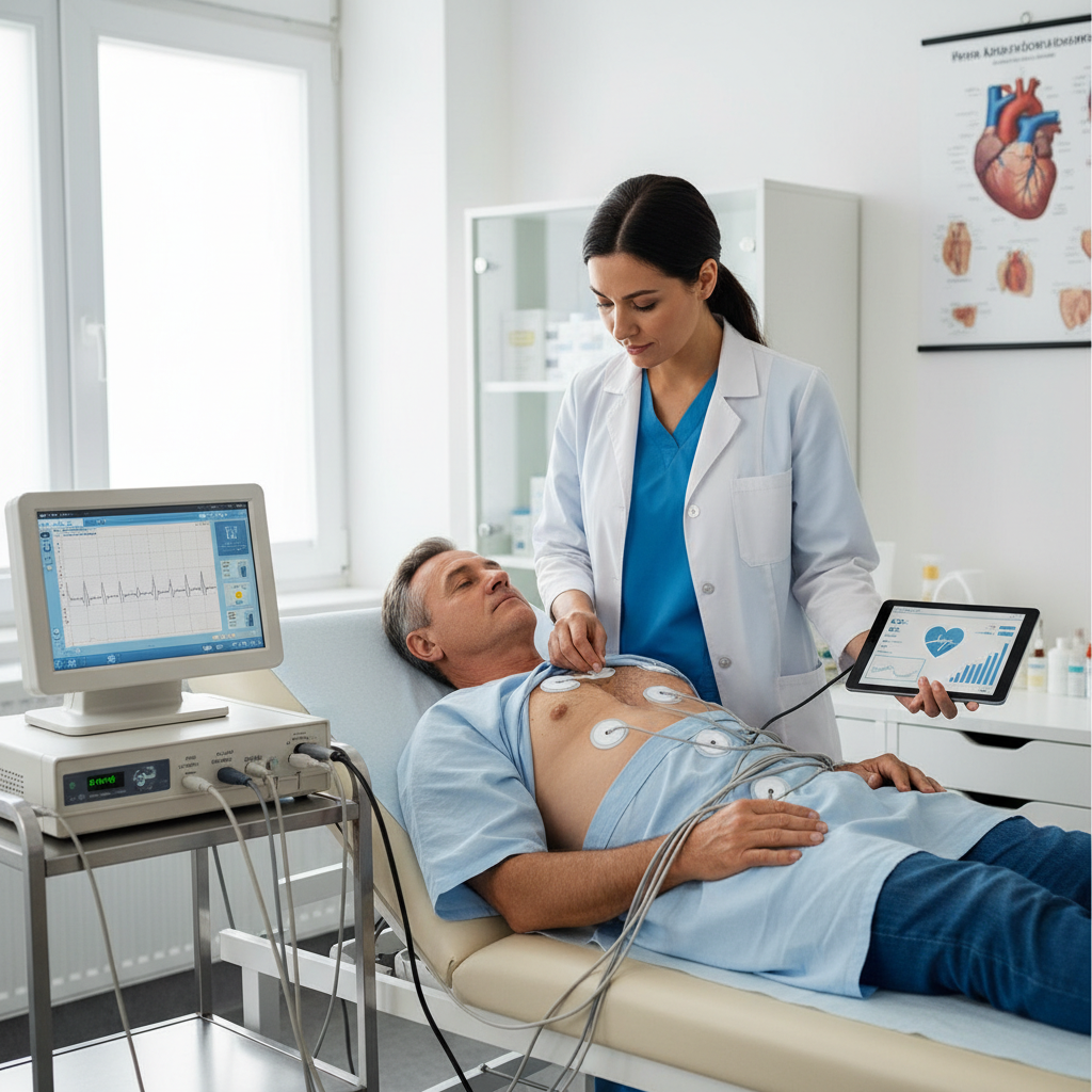 Bác sĩ thực hiện điện tâm đồ cho bệnh nhân, thể hiện quá trình theo dõi sức khỏe tim mạch.