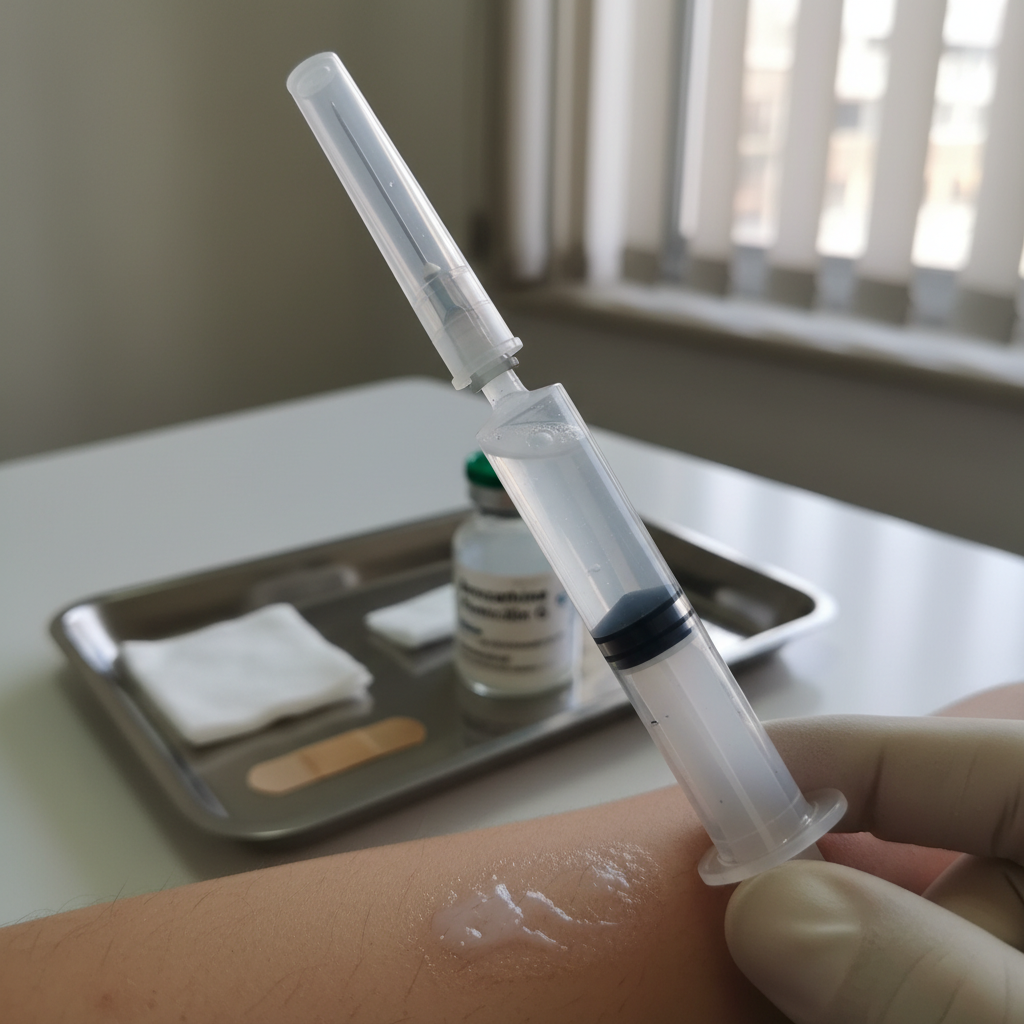 Một ống tiêm chứa Benzathine Penicillin sẵn sàng để tiêm.