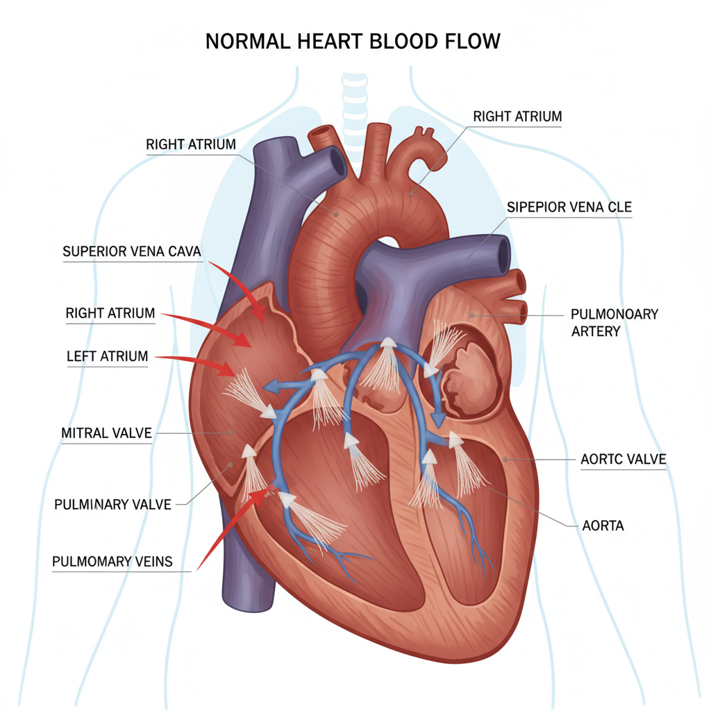 Một hình ảnh minh họa về trái tim khỏe mạnh với các van và hướng dòng máu.