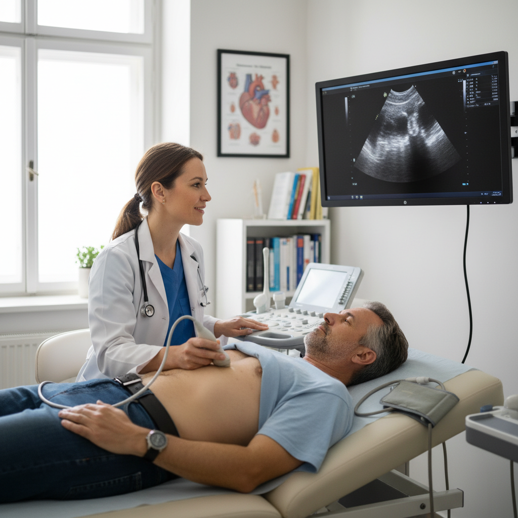 Một người đang kiểm tra tim mạch định kỳ với bác sĩ bằng siêu âm.